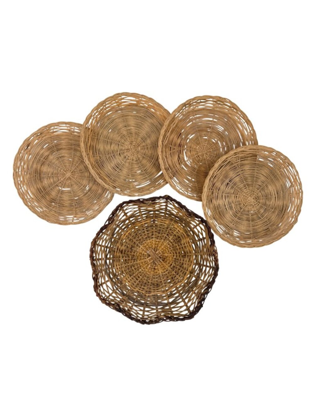 LOT OF 4 ROUND BOHO WICKER RATTAN PAPER PLATE HOLDERS 1 BROWN WOVEN BASKET BOWL
